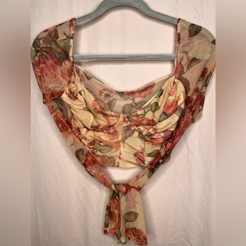 Long Sleeve Floral Mesh Crop Shirt